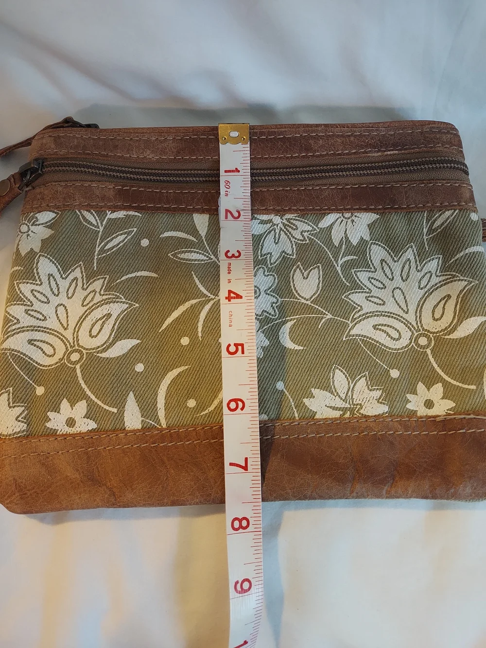 Myra Bag Green N Tan Canvas Leather Wristlet Pouch Floral Boho